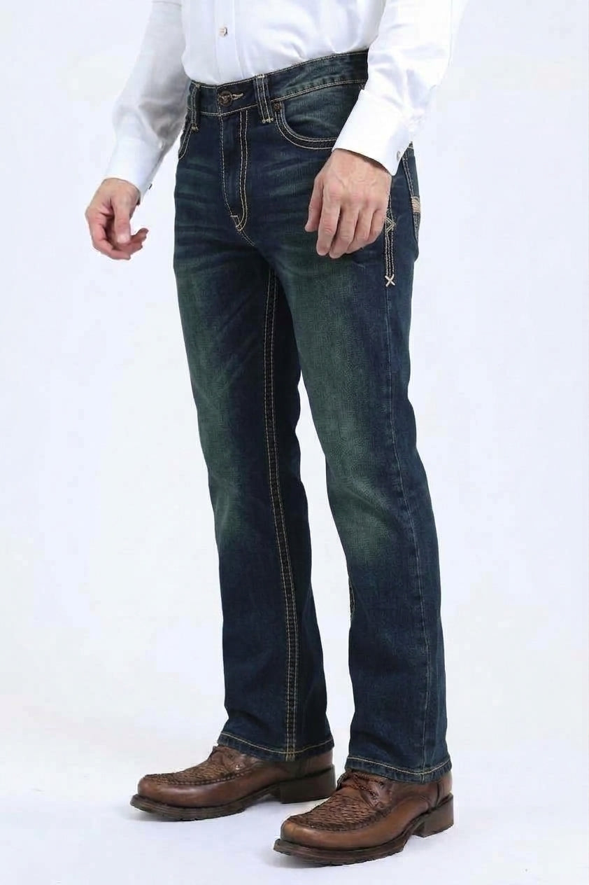 dark indigo wade aztec boot cut jean men platini detail
