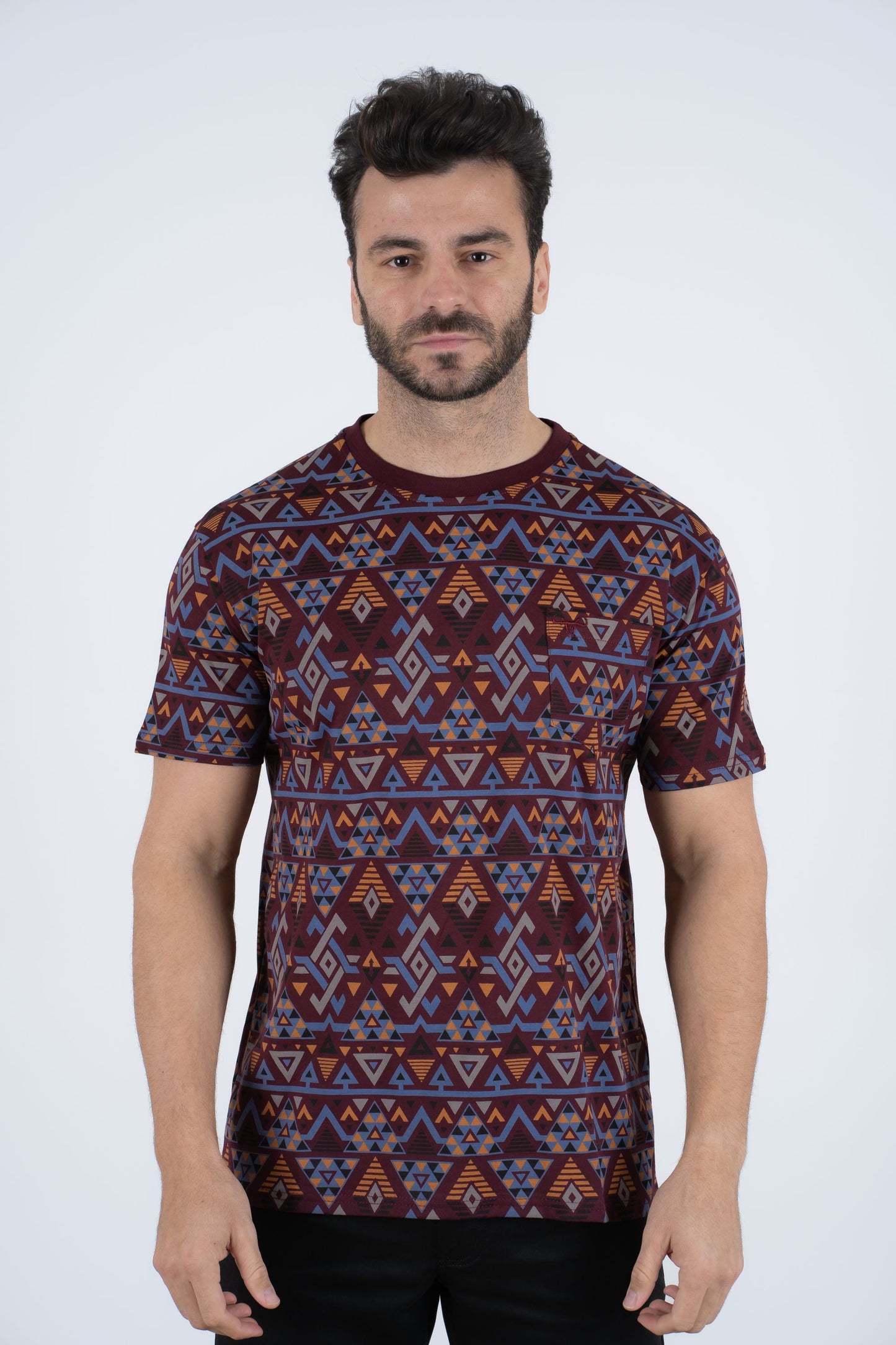 Men's Cotton Wine Aztec Print T-shirt