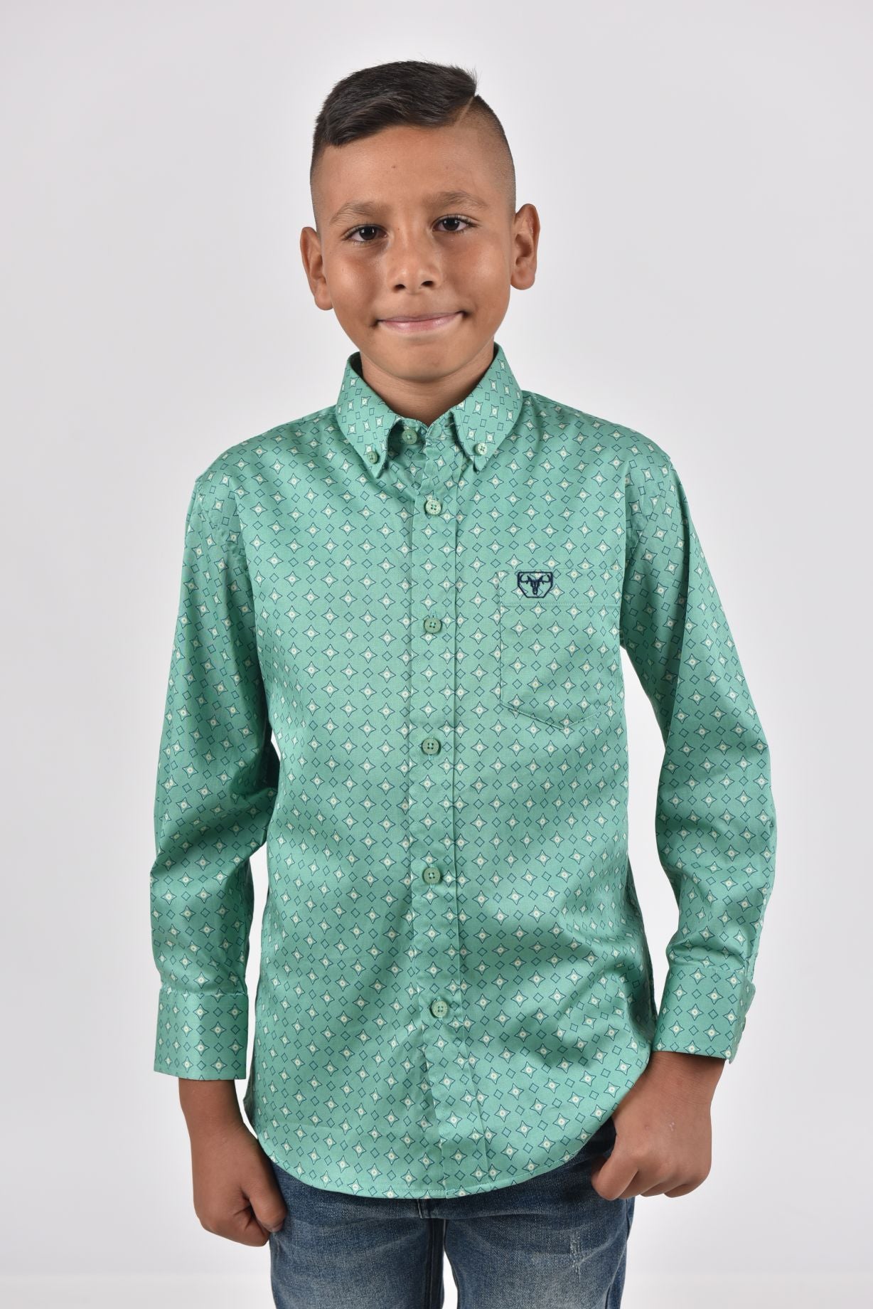 Kid's Cotton Green Monogram Digital Print Dress Shirt – Platini