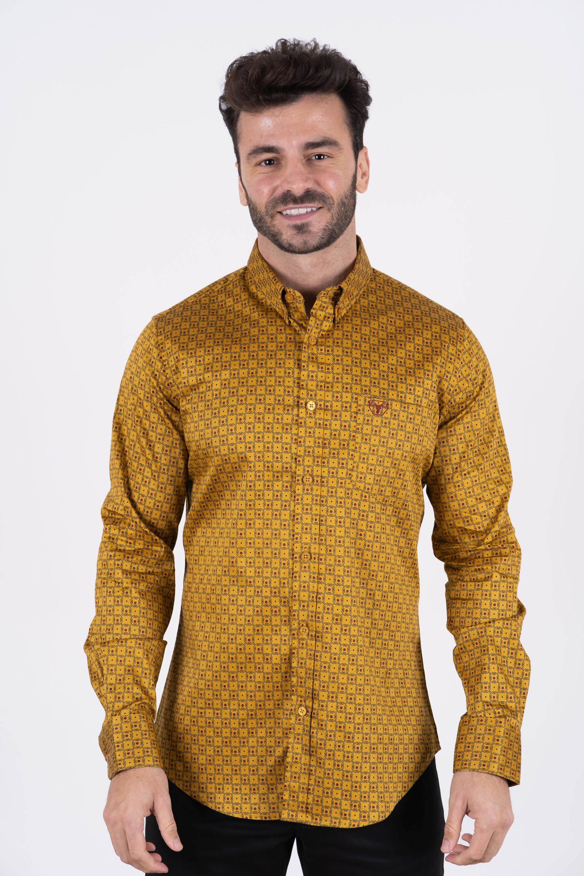 Men's Cotton Yellow Monogram Digital Print Dress Shirt – Platini