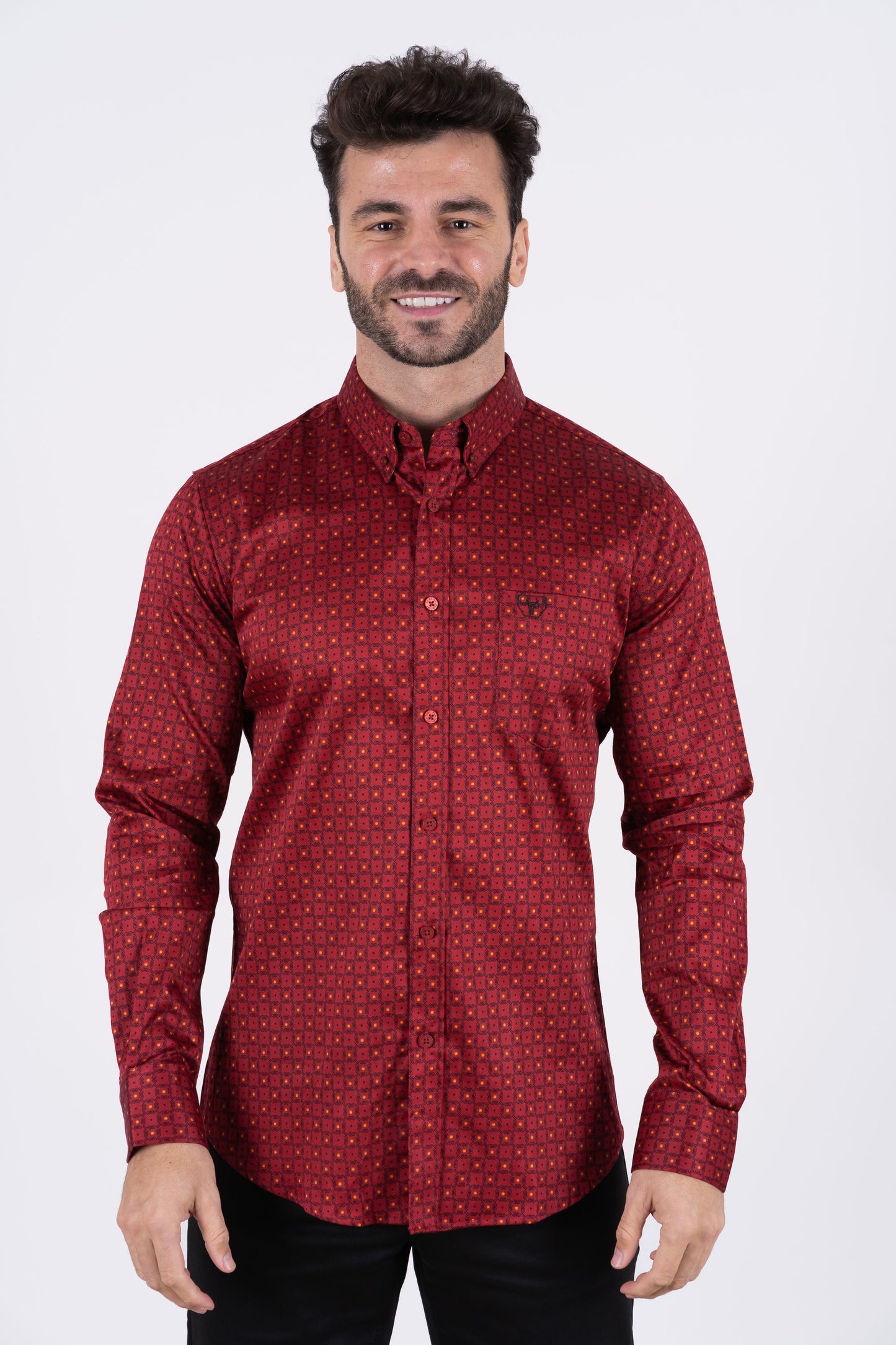 Men's Cotton Red Monogram Digital Print Dress Shirt