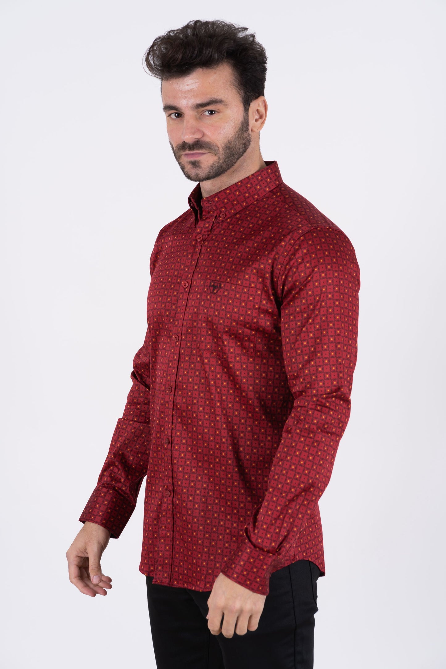 Men's Cotton Red Monogram Digital Print Dress Shirt