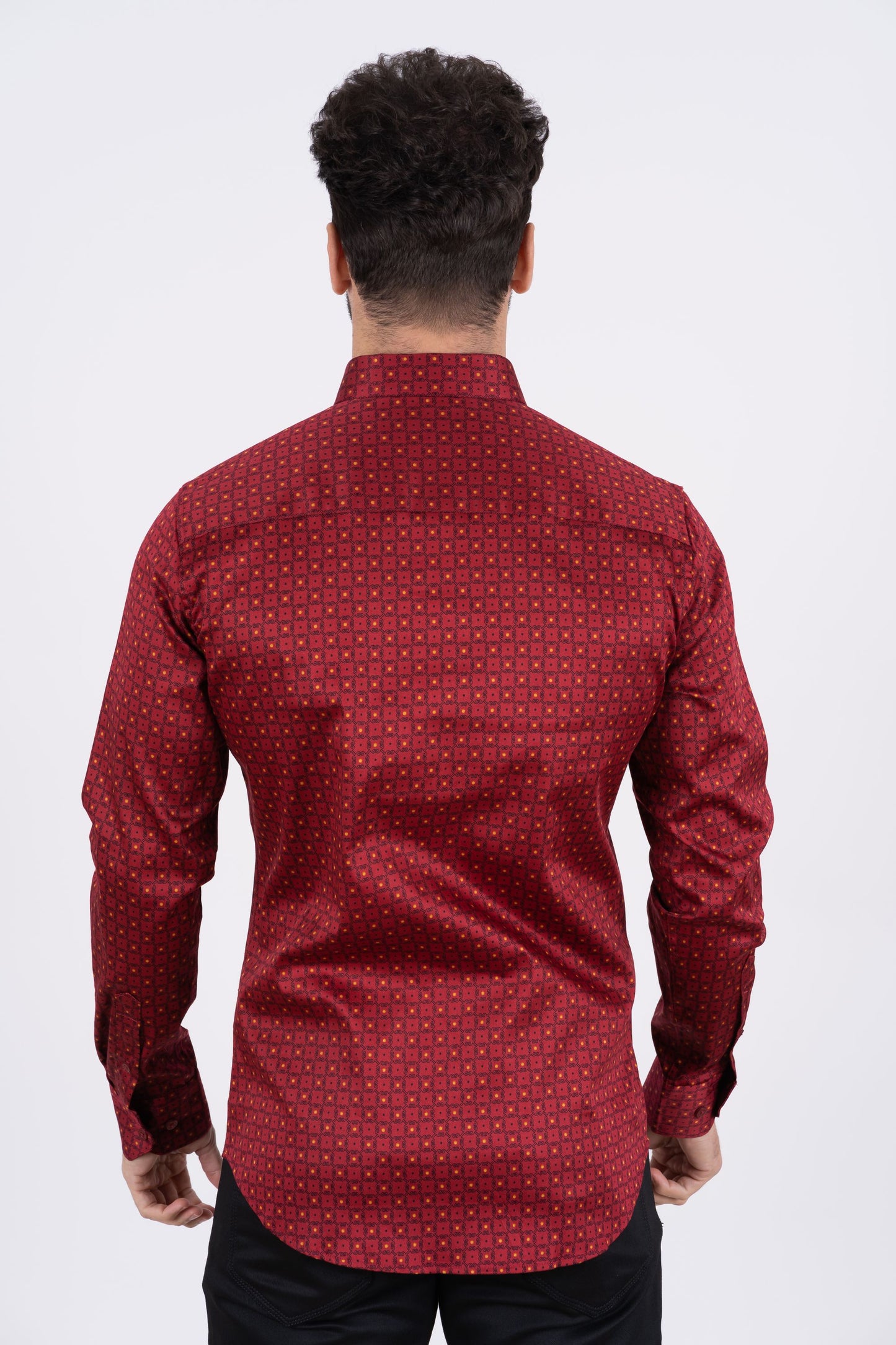 Men's Cotton Red Monogram Digital Print Dress Shirt