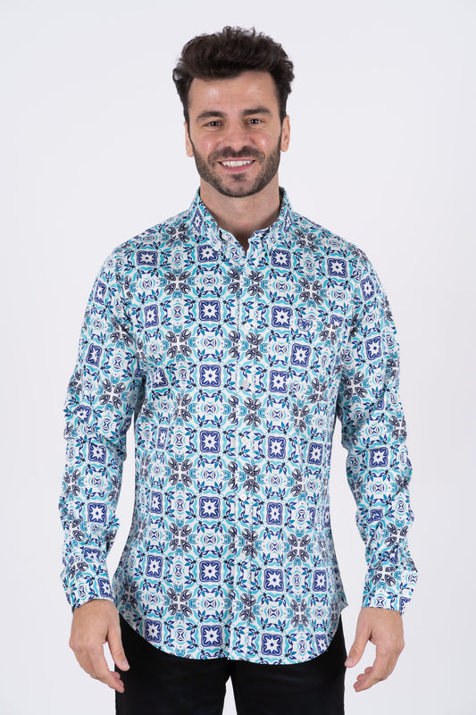 Men's Cotton White Monogram Digital Print Dress Shirt