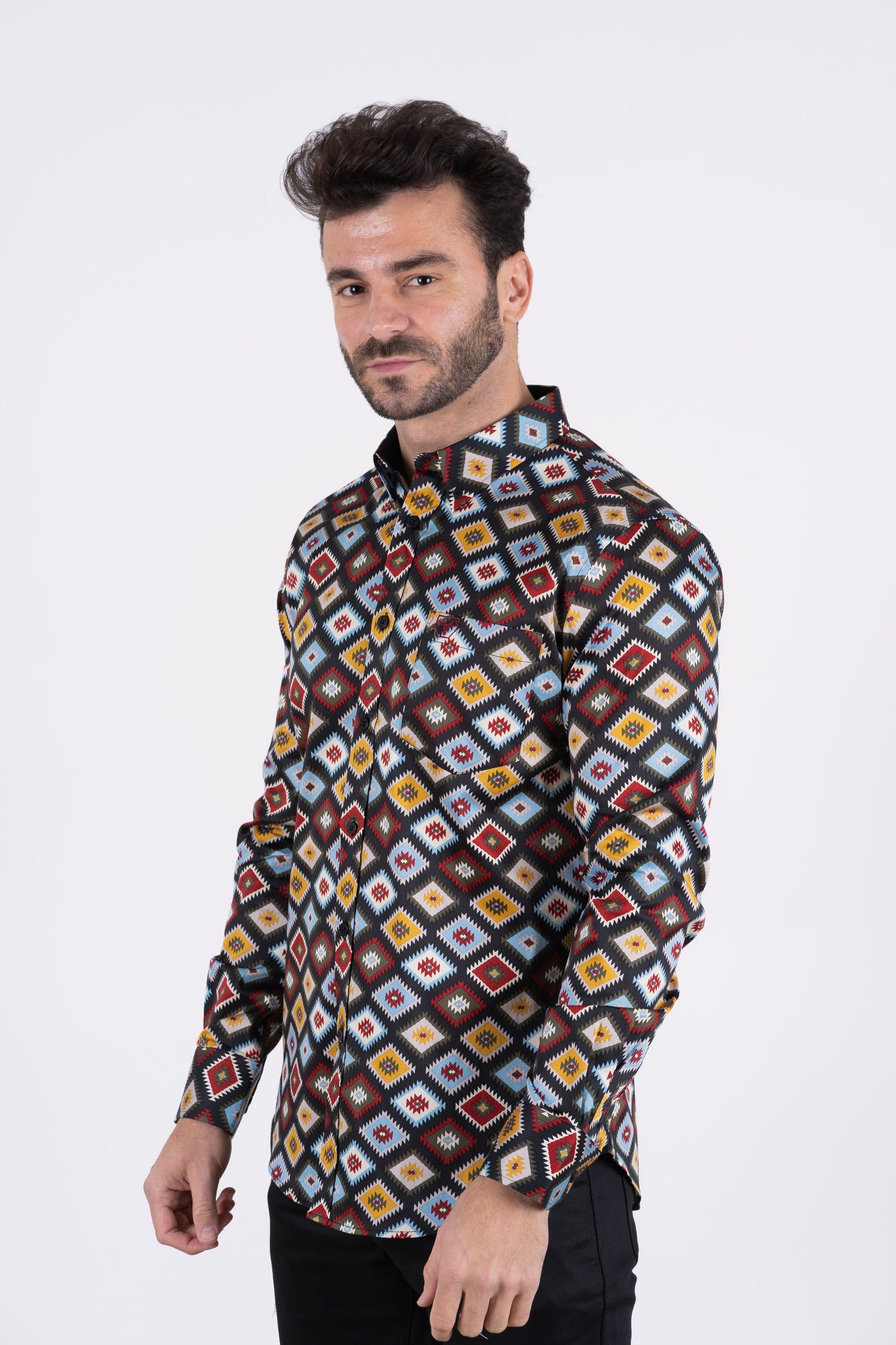 Men's Cotton Black Digital Print Dress Shirt