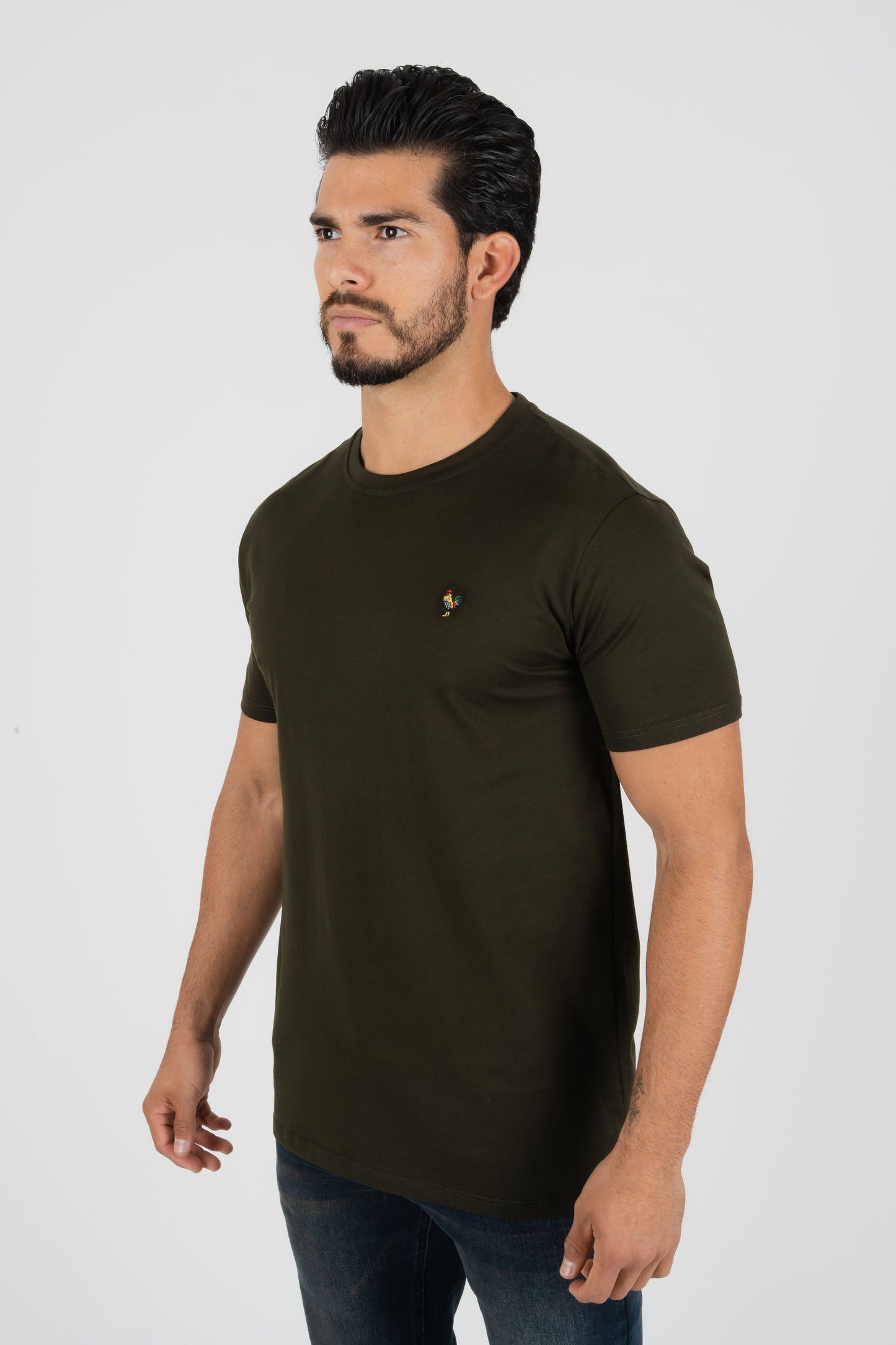 Mens Rooster Chest Embroidery Olive T-shirt