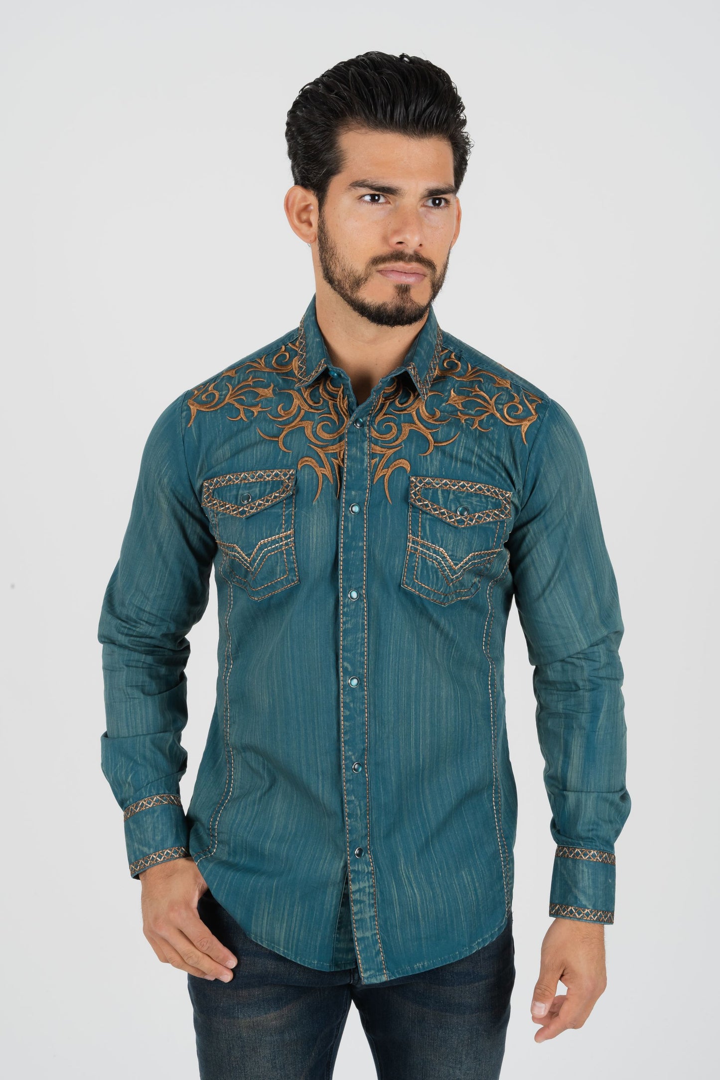 Men's Cotton Teal Embroidery Western Shirt