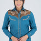 Ladies Cotton Blue Embroidery Western Shirt With Suede