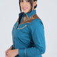 Ladies Cotton Blue Embroidery Western Shirt With Suede