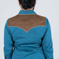 Ladies Cotton Blue Embroidery Western Shirt With Suede
