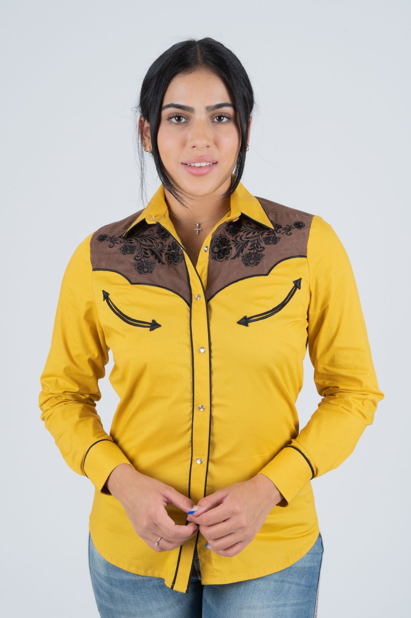 Ladies Cotton Mustard Embroidery Western Shirt With Suede