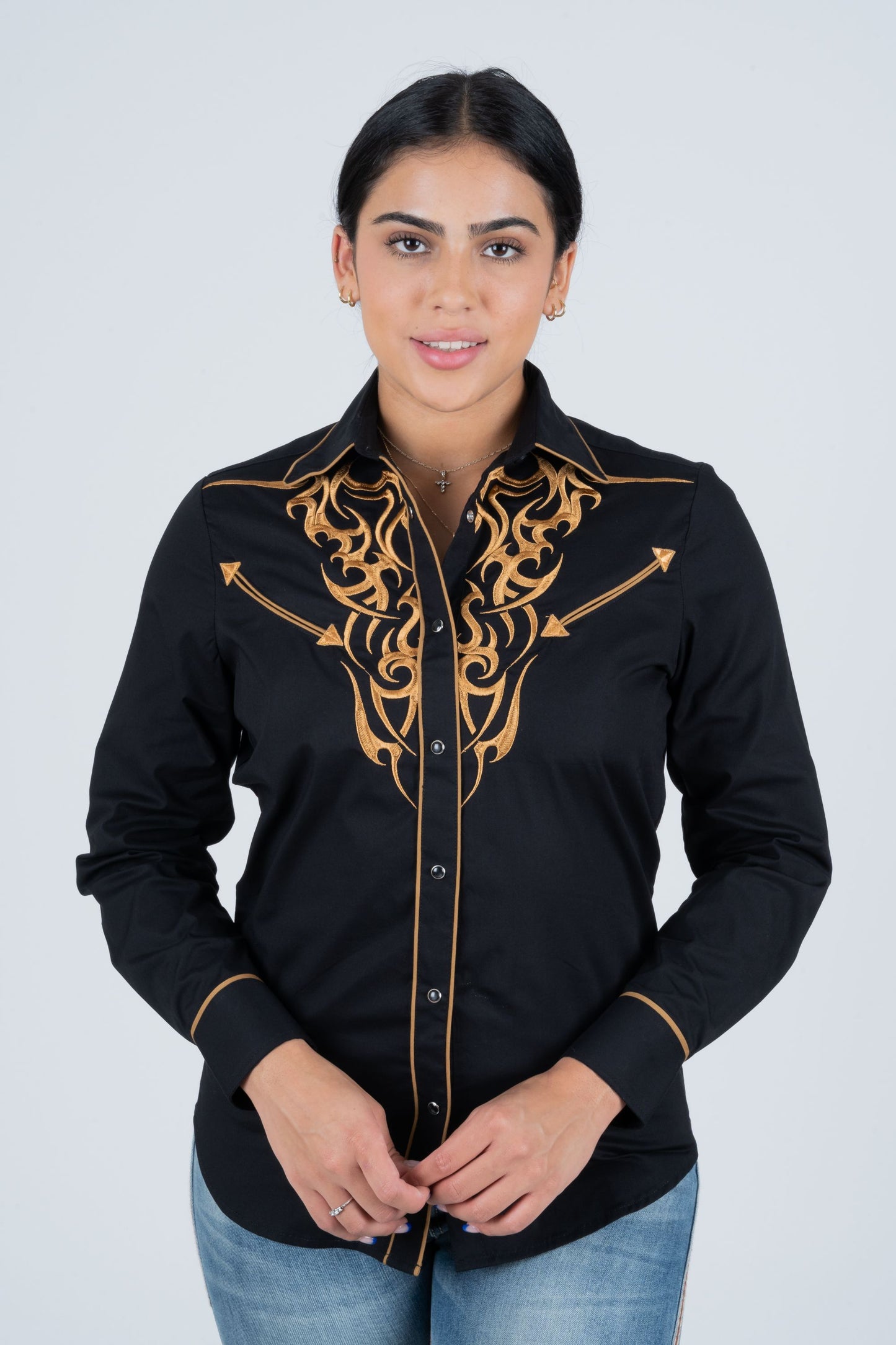 Ladies Cotton Black Embroidery Western Shirt