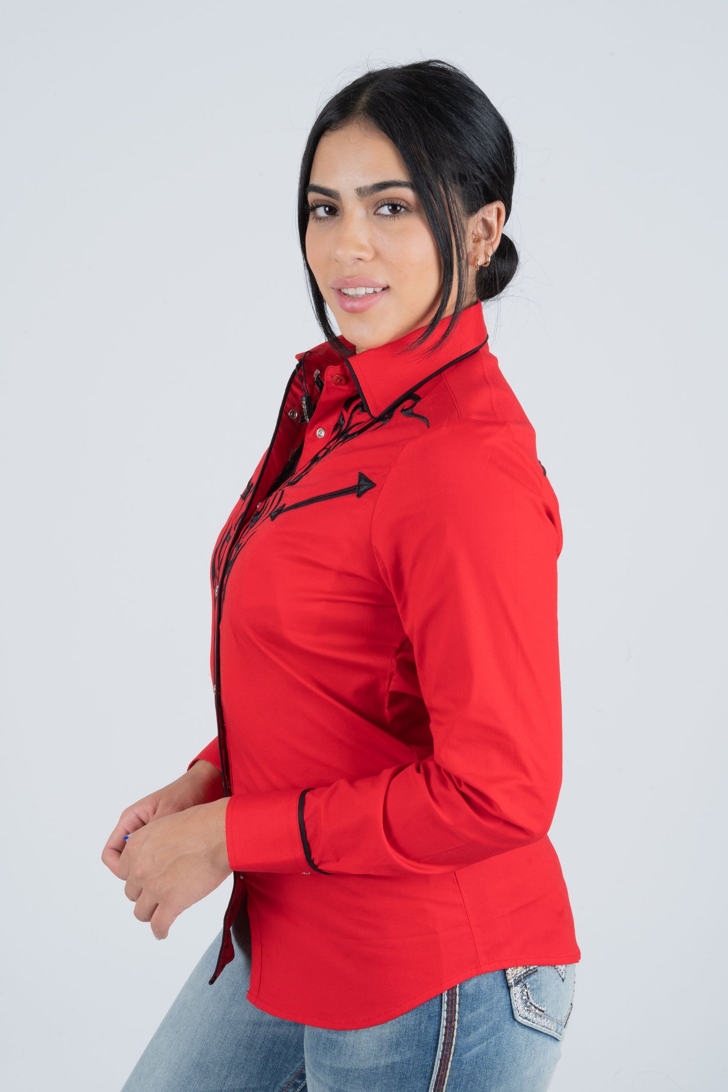 Ladies Cotton Red Embroidery Western Shirt