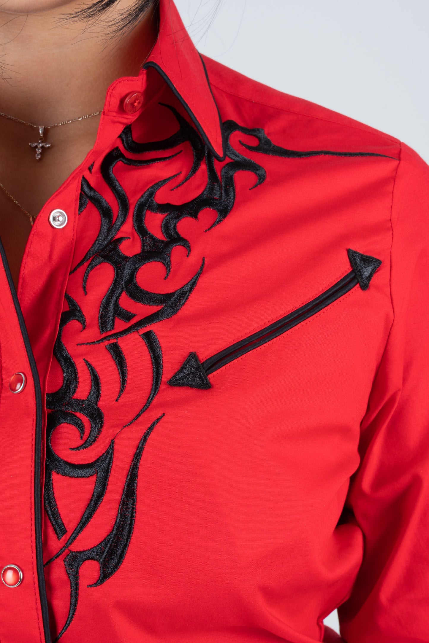 Ladies Cotton Red Embroidery Western Shirt