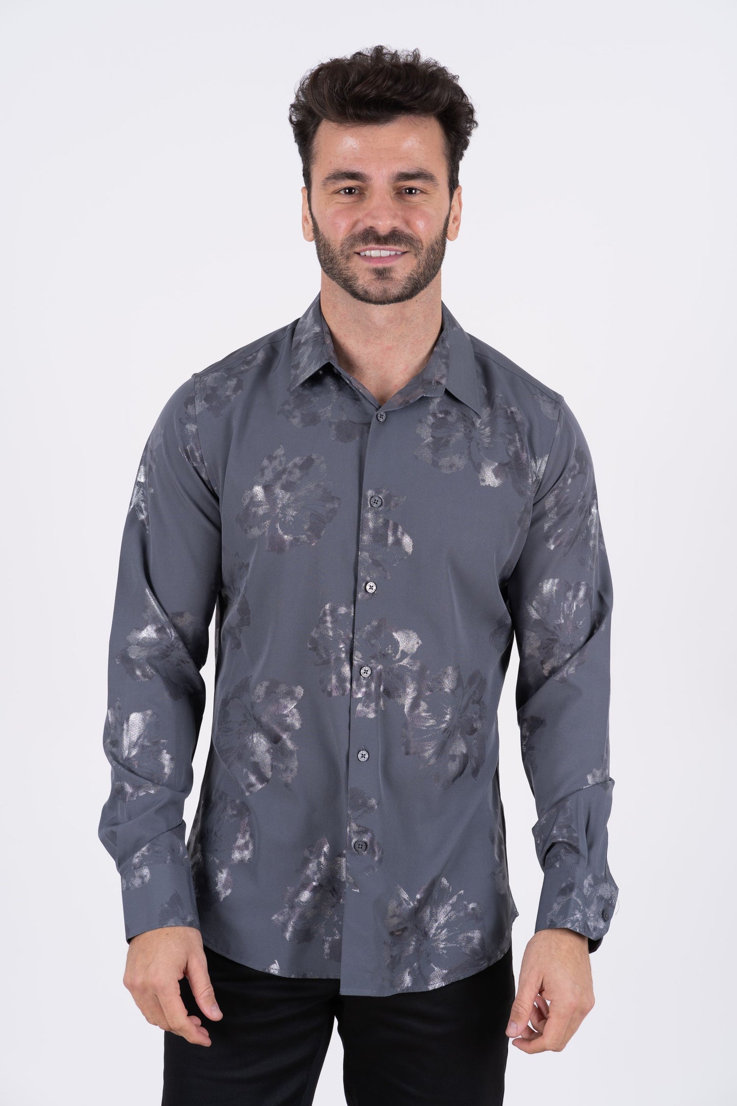 Mens Modern Fit Stretch Foiled Shirt - Gray