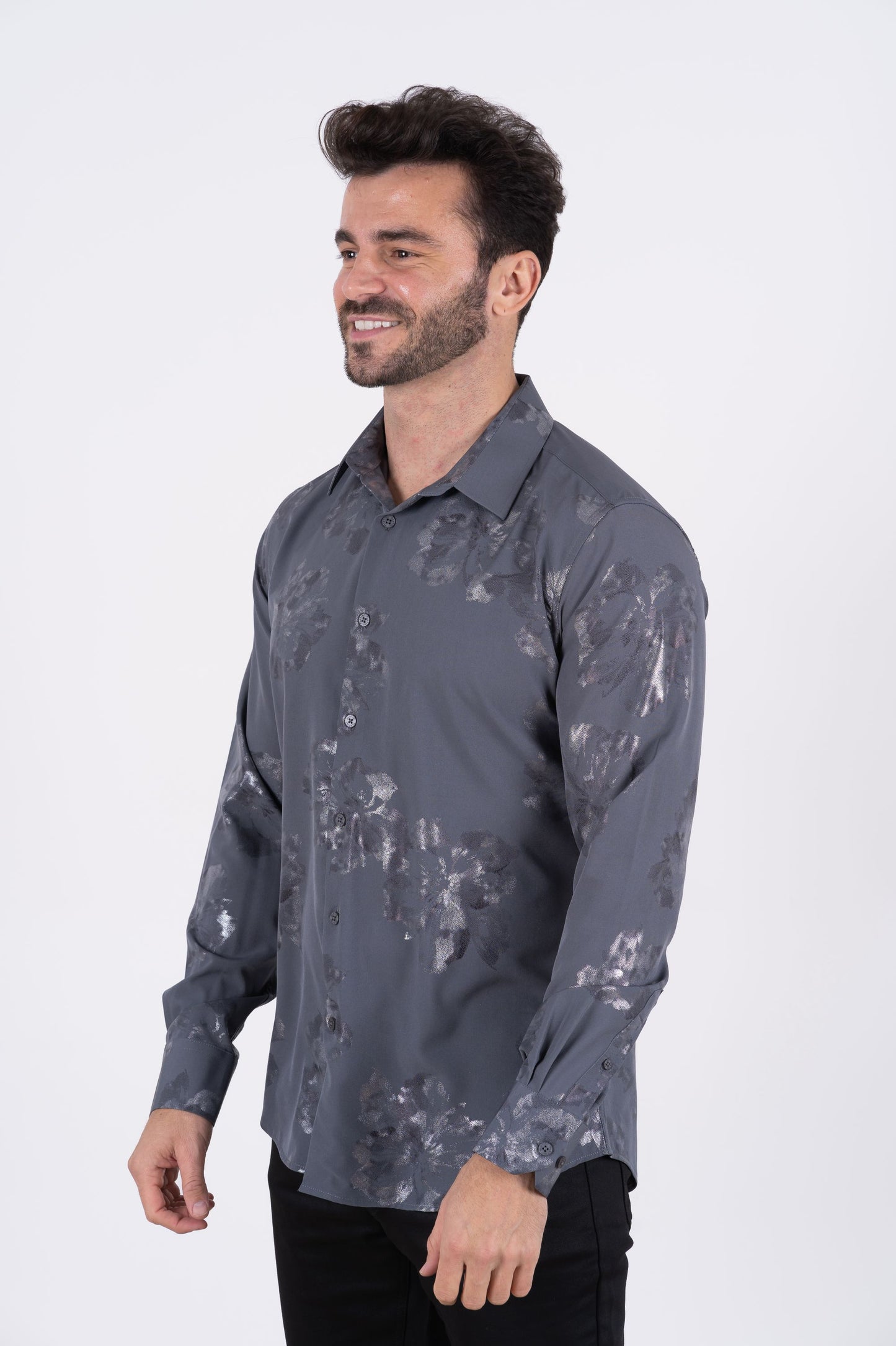 Mens Modern Fit Stretch Foiled Shirt - Gray