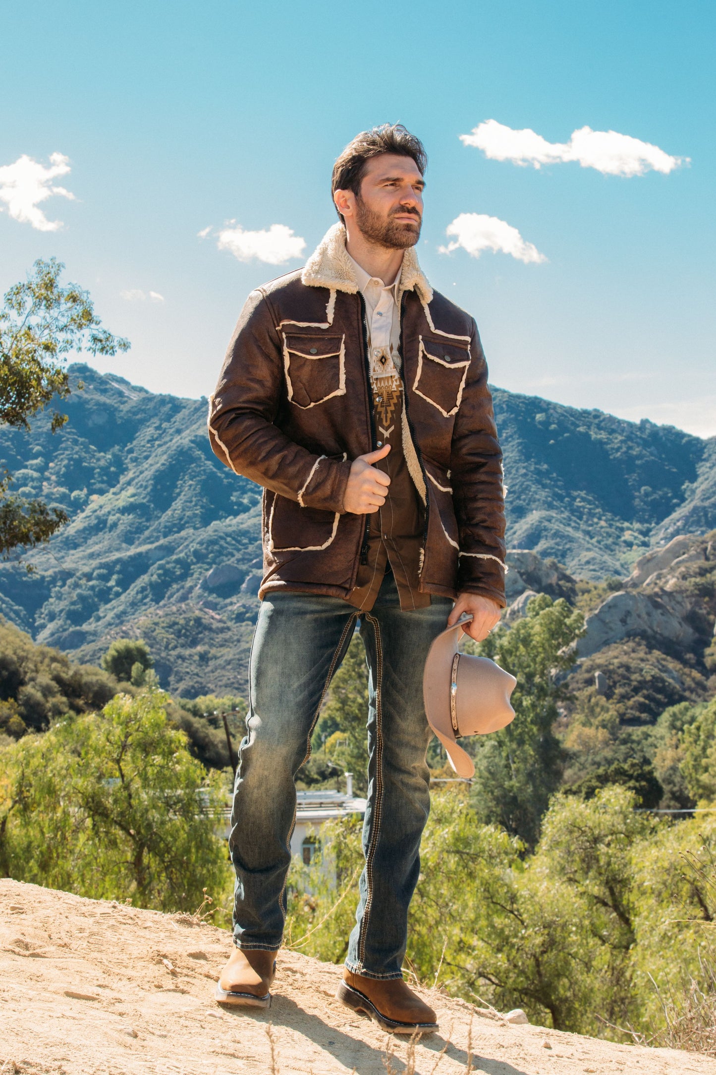 Men's Brown Suede Jacket w/ Faux Shearling-lined