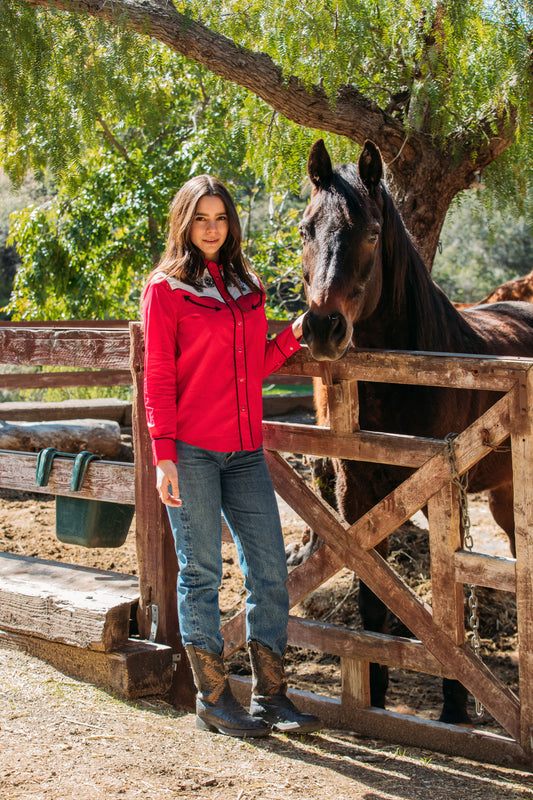 Ladies Cotton Red Embroidery Western Shirt With Suede