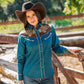 Ladies Cotton Blue Embroidery Western Shirt With Suede