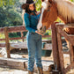 Ladies Cotton Blue Embroidery Western Shirt With Suede
