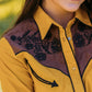 Ladies Cotton Mustard Embroidery Western Shirt With Suede