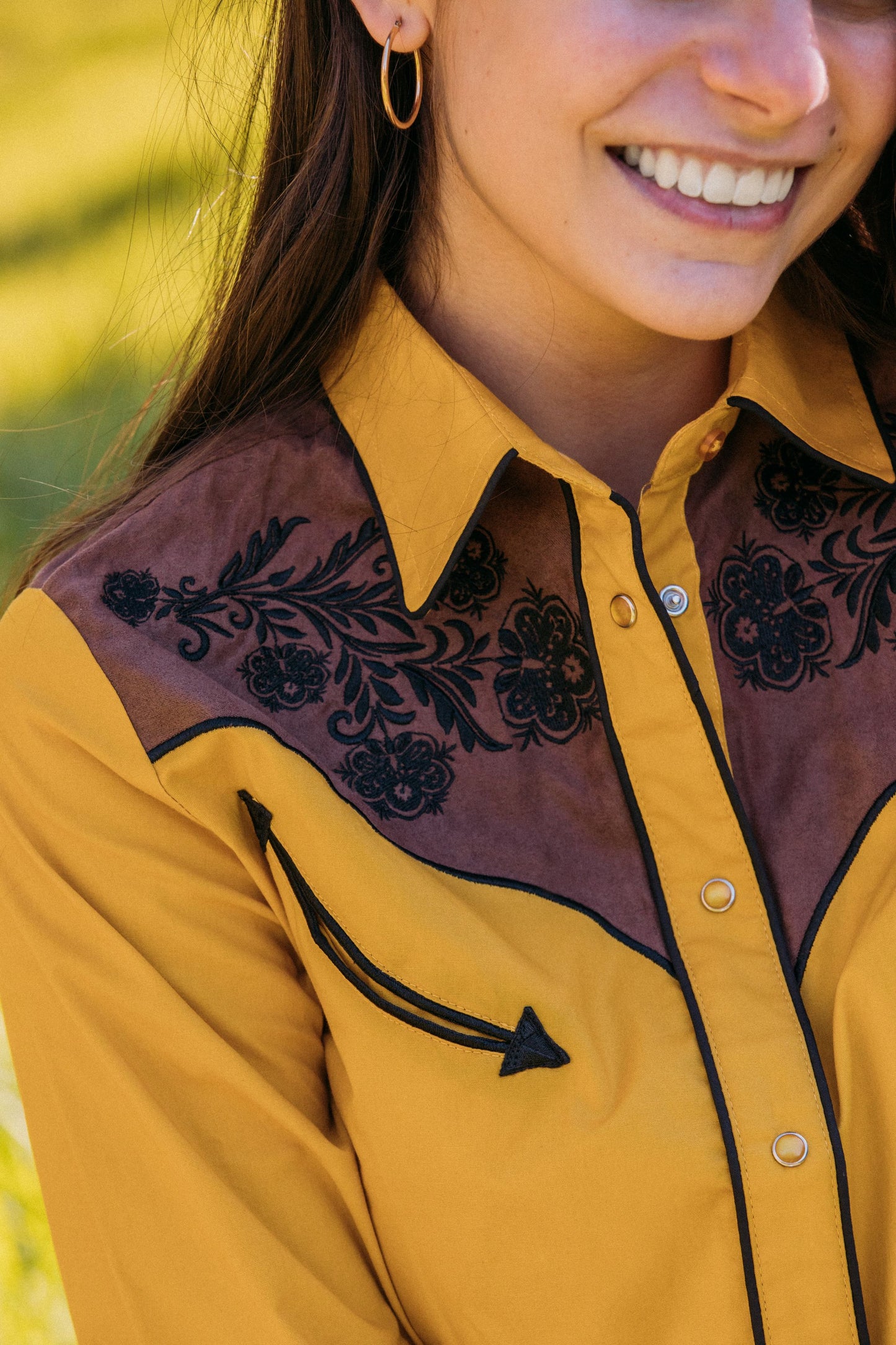 Ladies Cotton Mustard Embroidery Western Shirt With Suede