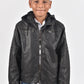 Kid's Black Hooded Washed Biker Jacket with Fur Lining