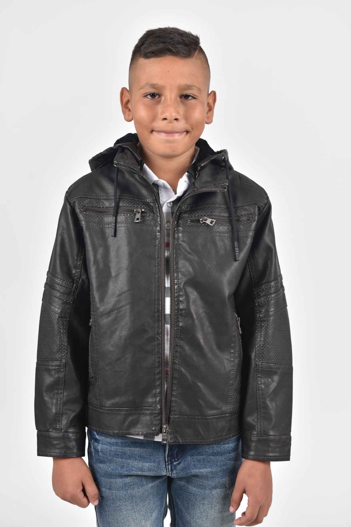 Kid's Black Hooded Washed Biker Jacket with Fur Lining