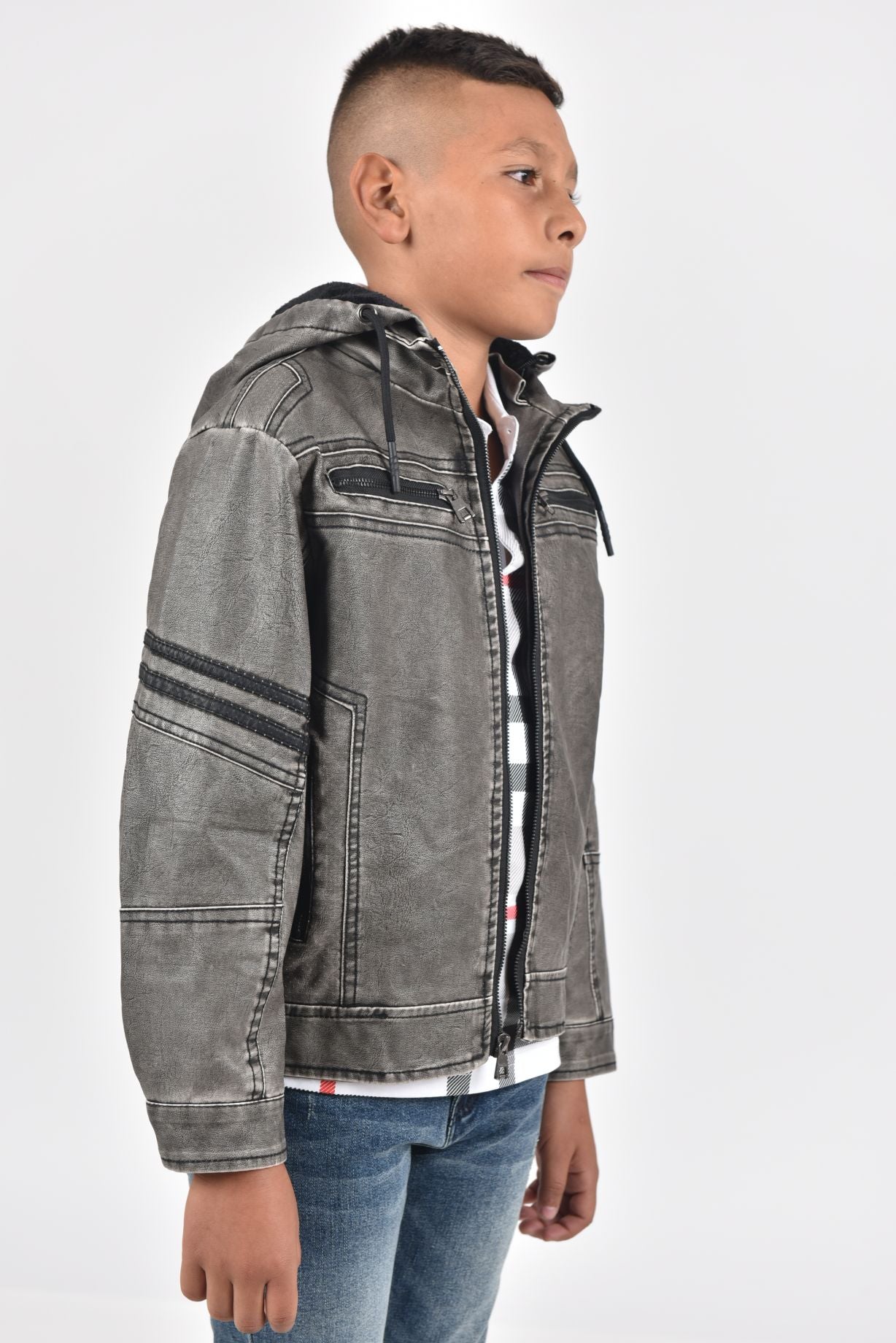 Kid's Gray Hooded Washed Biker Jacket with Fur Lining