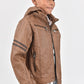 Kid's Camel Hooded Washed Biker Jacket with Fur Lining