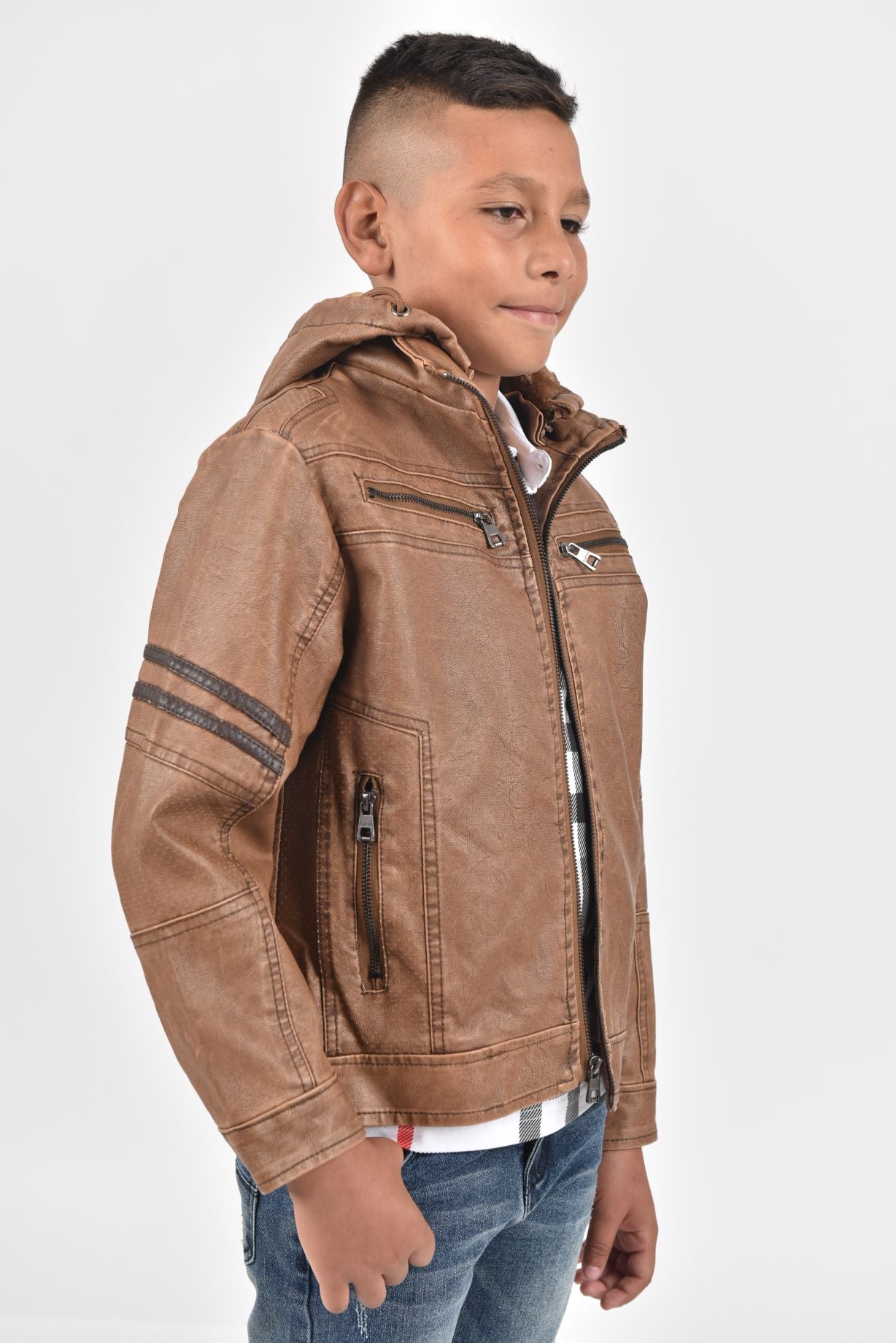 Kid's Camel Hooded Washed Biker Jacket with Fur Lining