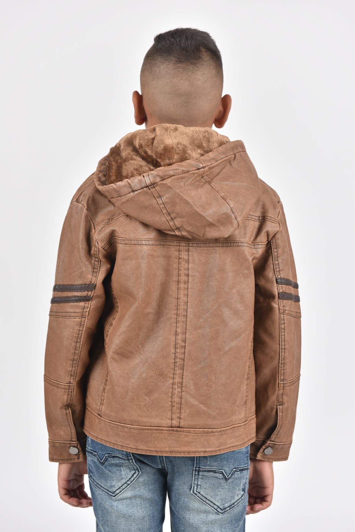 Kid's Camel Hooded Washed Biker Jacket with Fur Lining