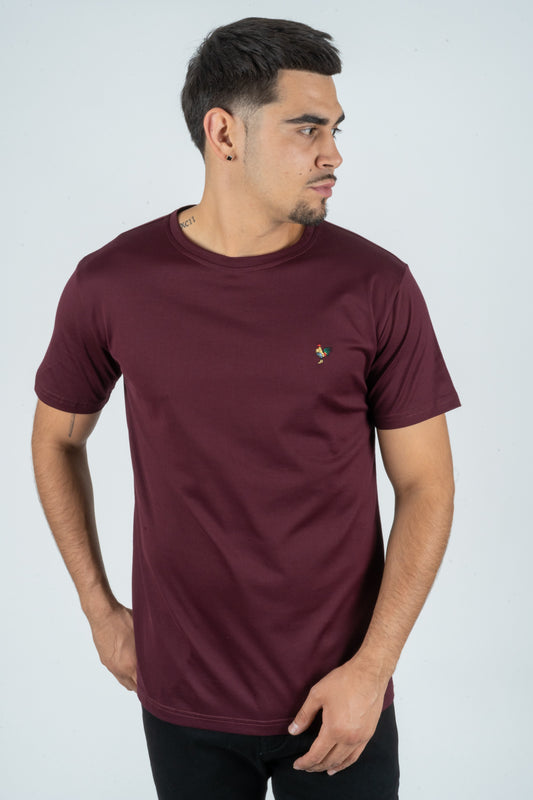 Mens Rooster Chest Embroidery Wine T-shirt