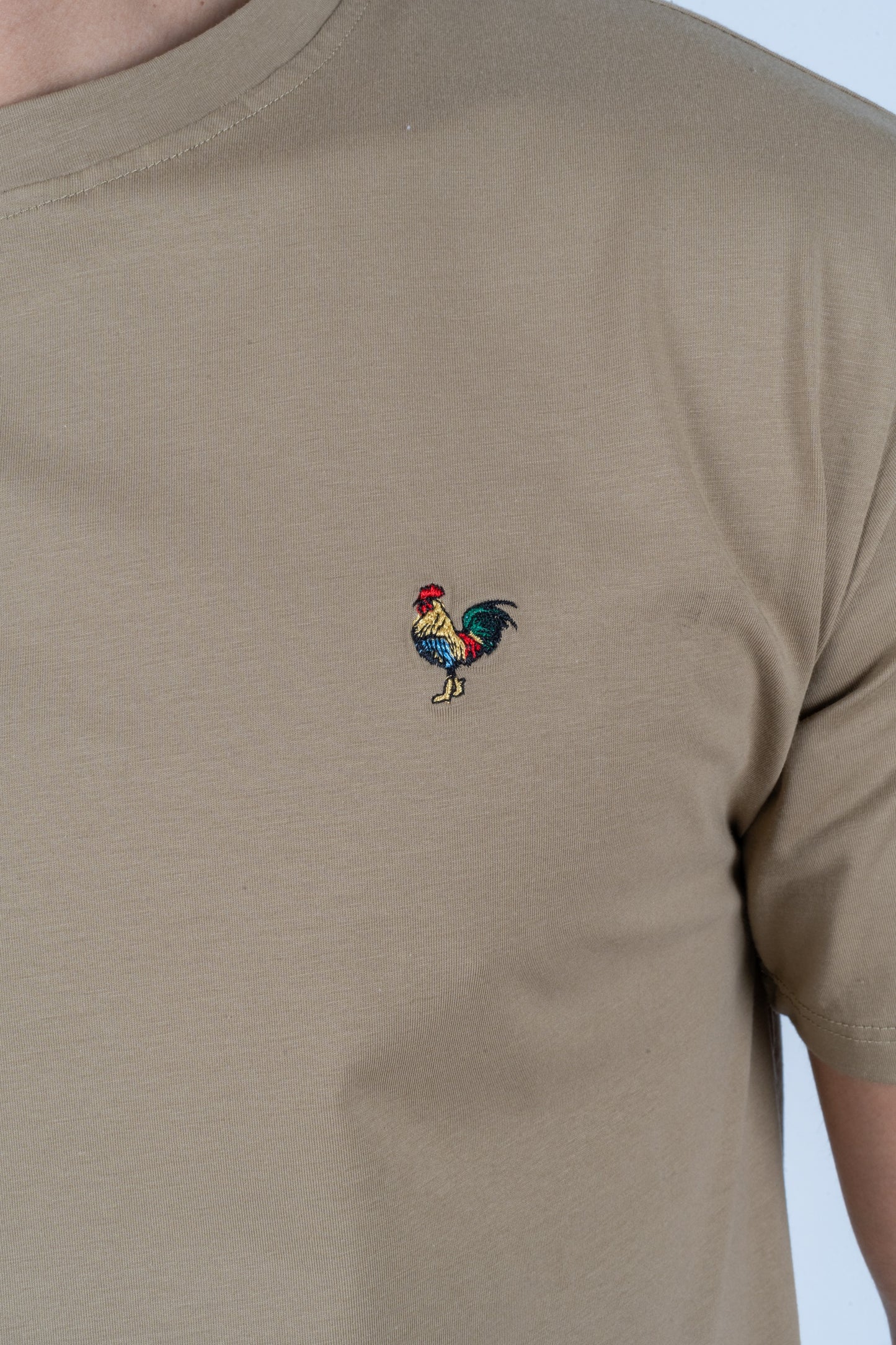 Mens Rooster Chest Embroidery Khaki T-shirt