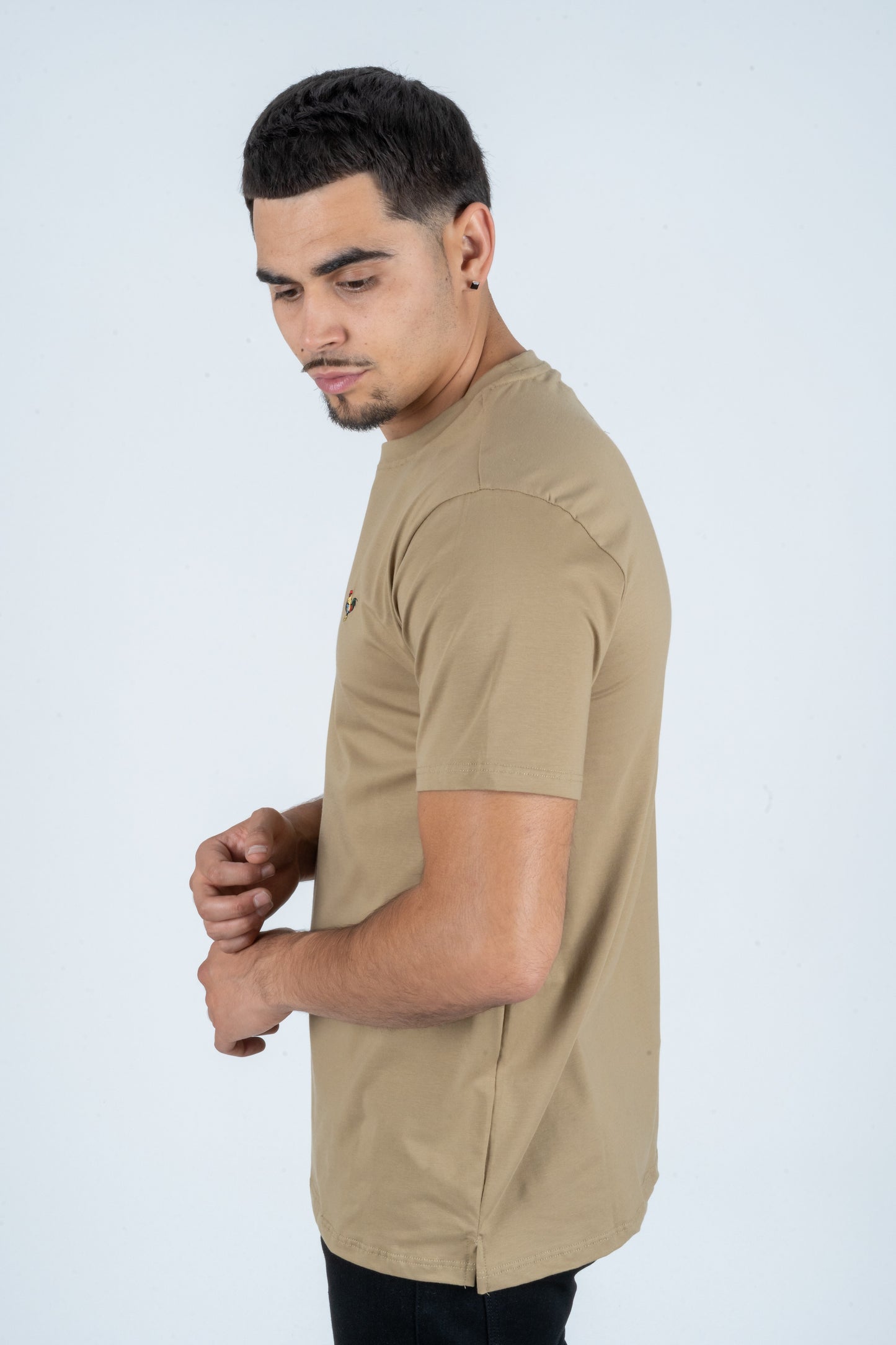 Mens Rooster Chest Embroidery Khaki T-shirt