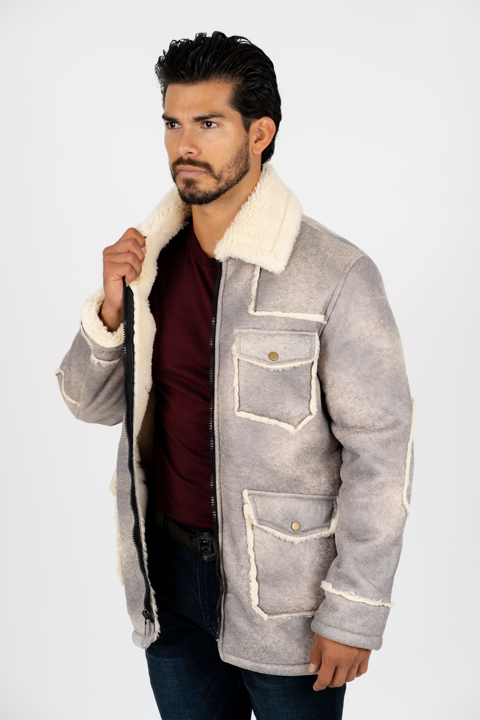 Men's Gray Suede Jacket w/ Faux Shearling-lined – Platini Fashion