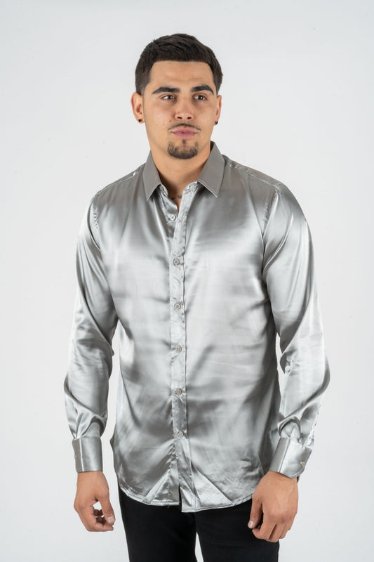 Men's Satin Silver Dress Shirt