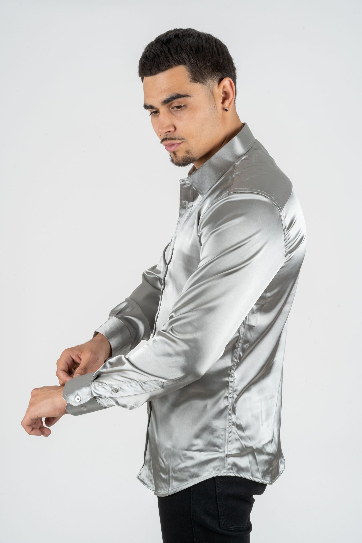 Men's Satin Silver Dress Shirt