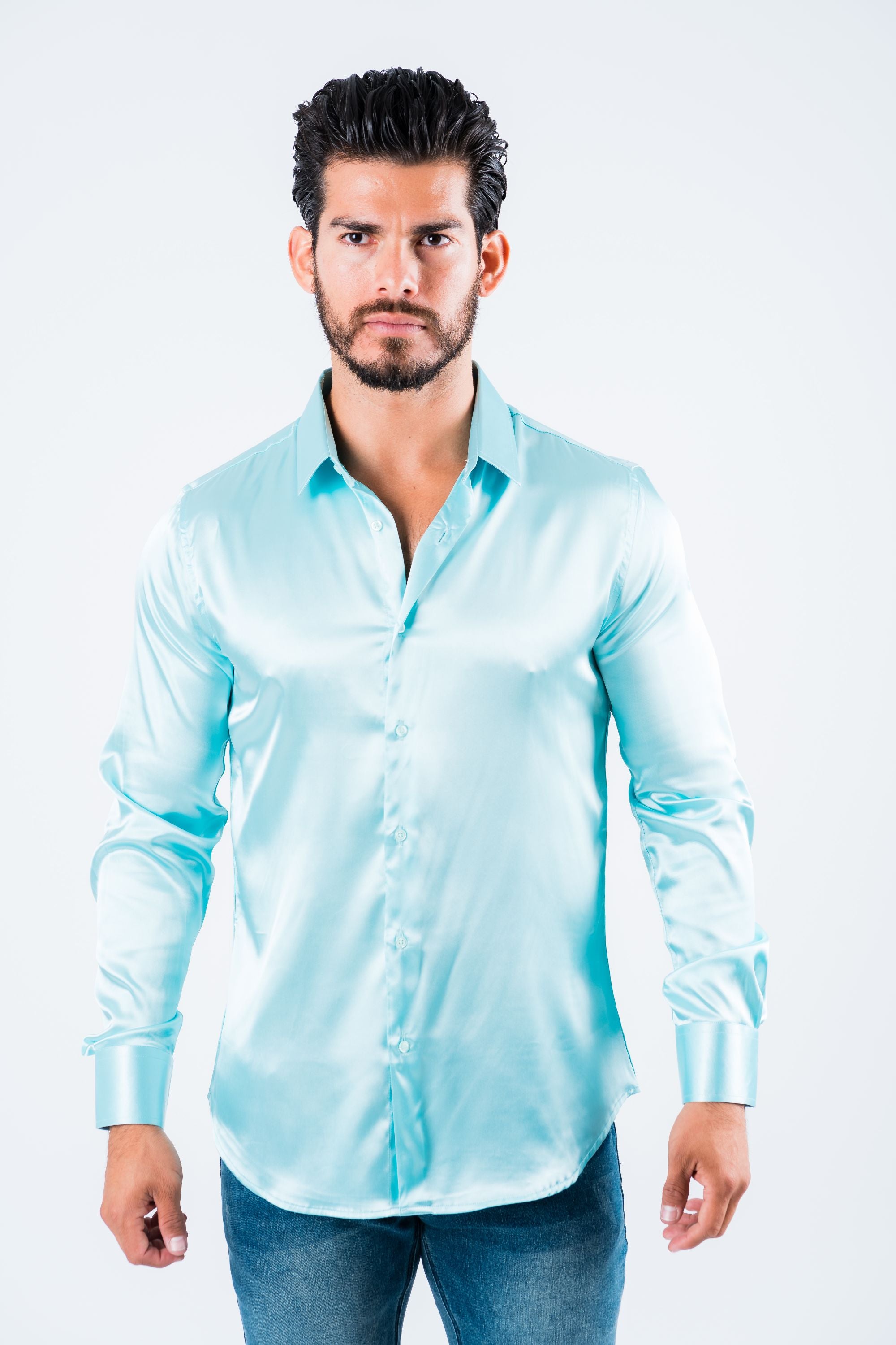 Men'S Satin Aqua Dress Shirt | Platini Jeans – Platini Fashion