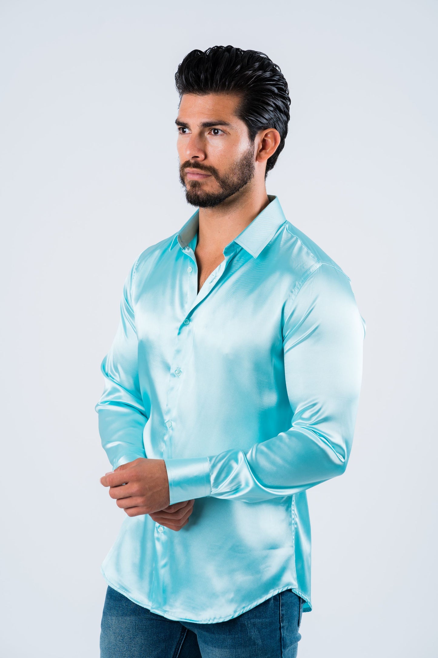 Men's Satin Aqua Dress Shirt