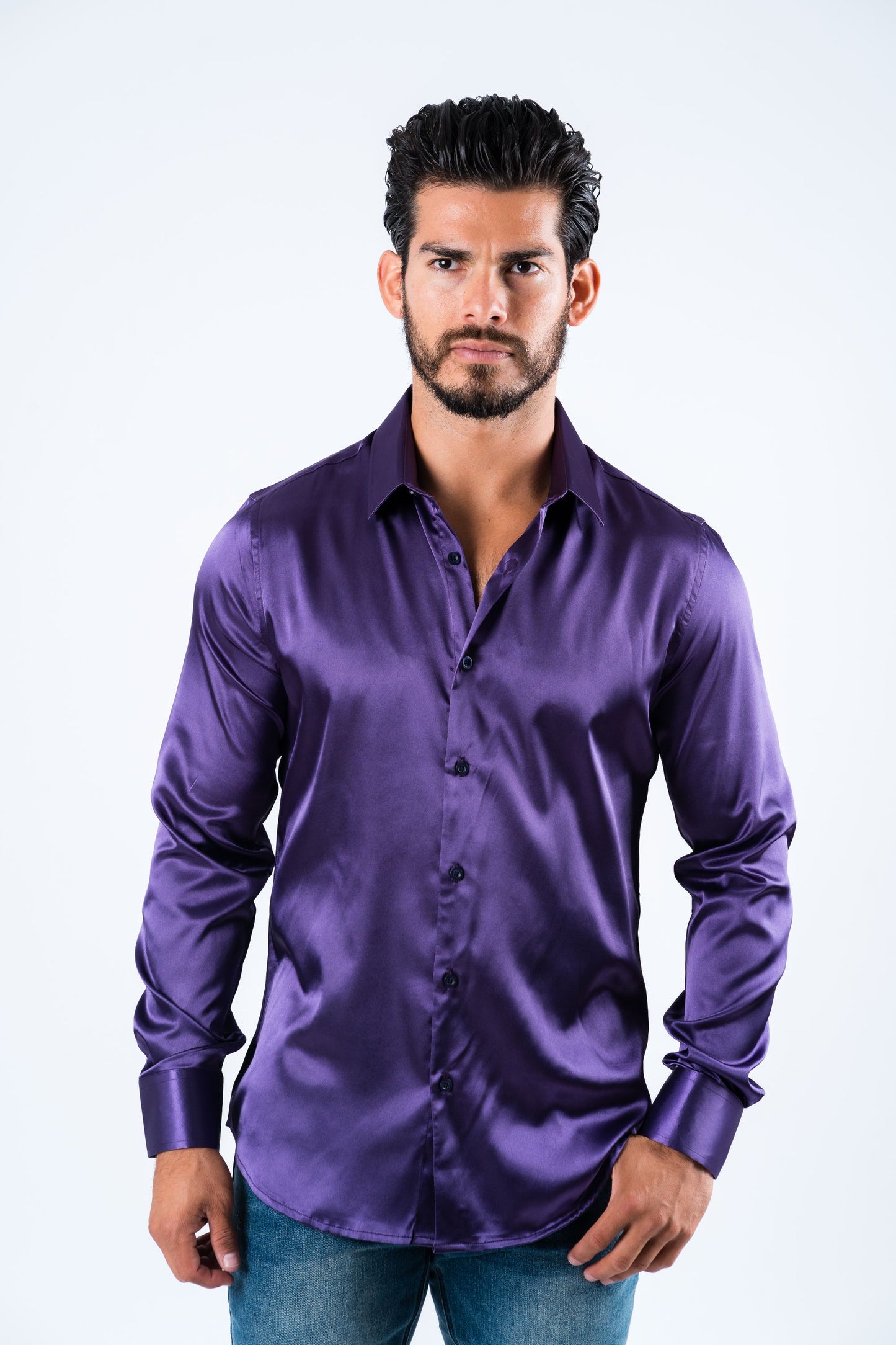 Men's Satin Purple Dress Shirt