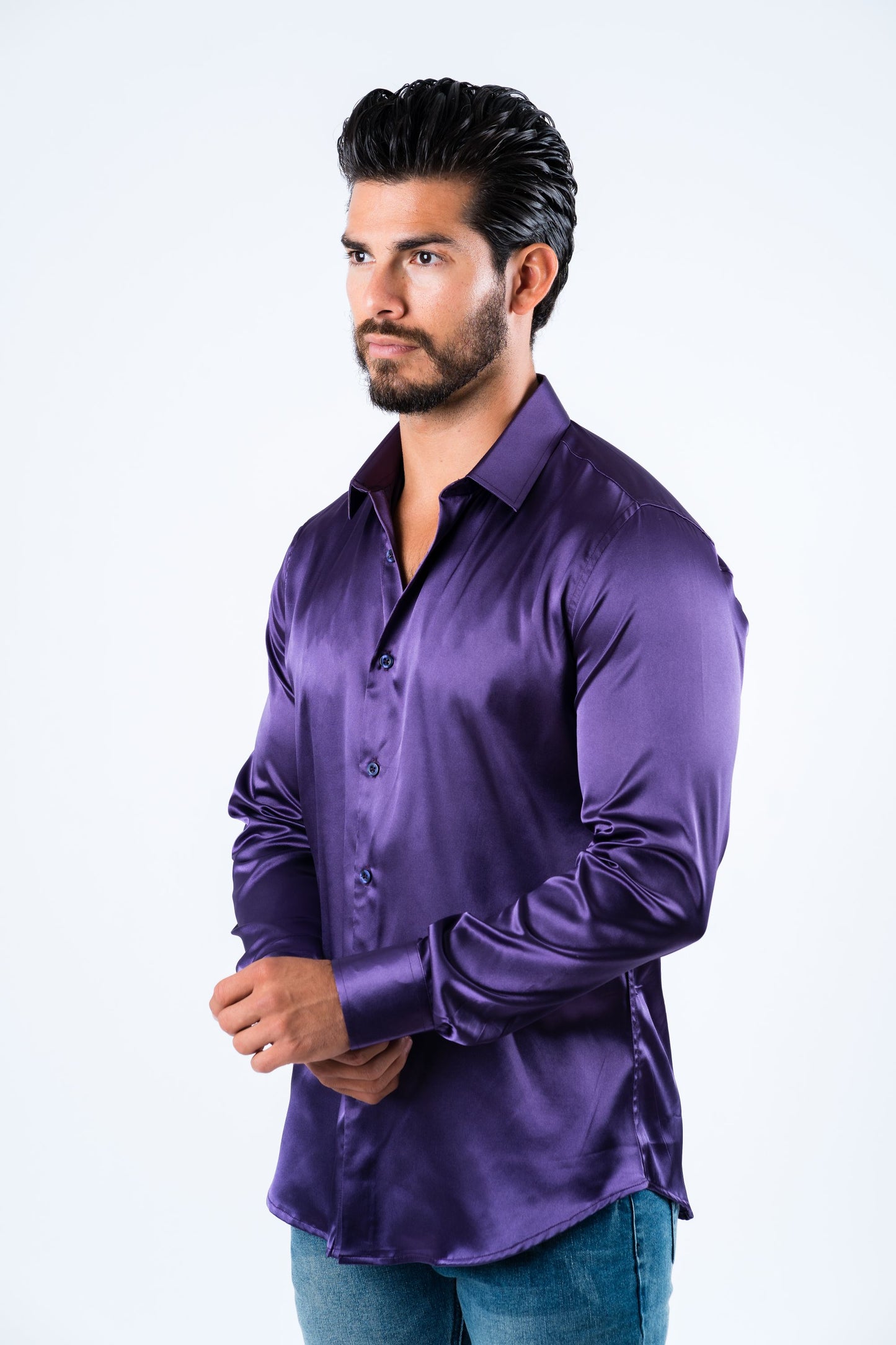 Men's Satin Purple Dress Shirt