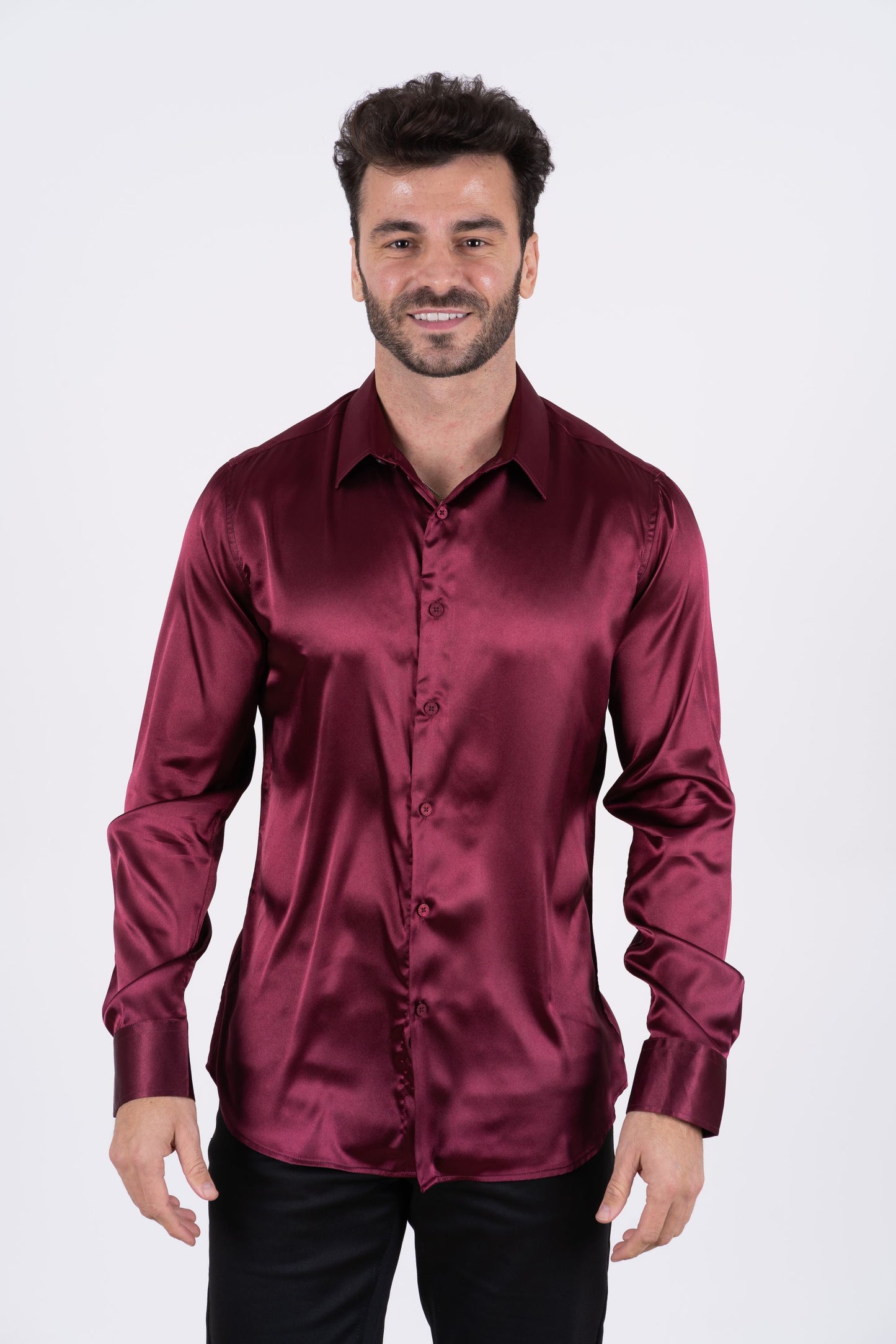 Men's Satin Wine Dress Shirt