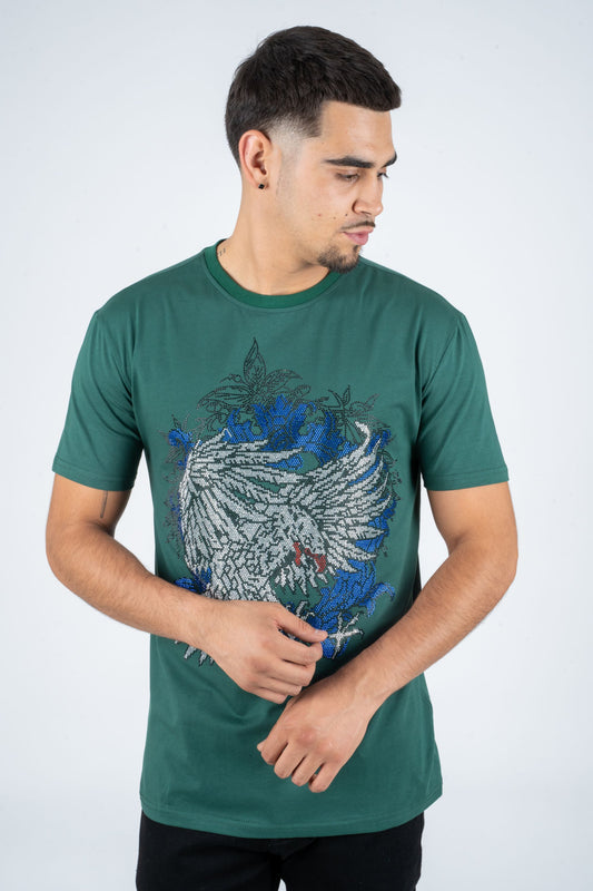 Men's Cotton Green Rhinestone T-shirt