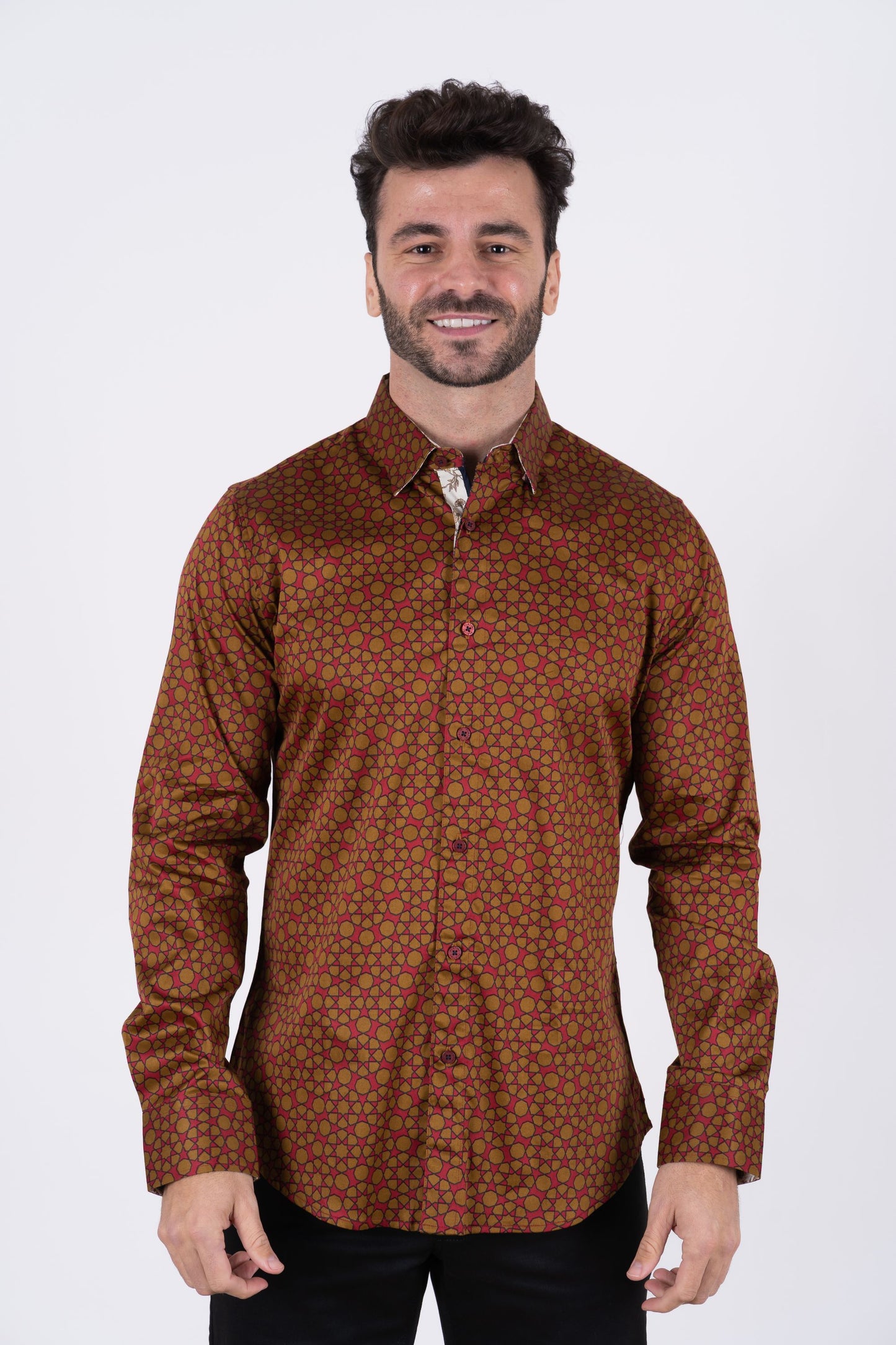 Small Print Satin Cotton/Spandex Long Sleeve Shirt
