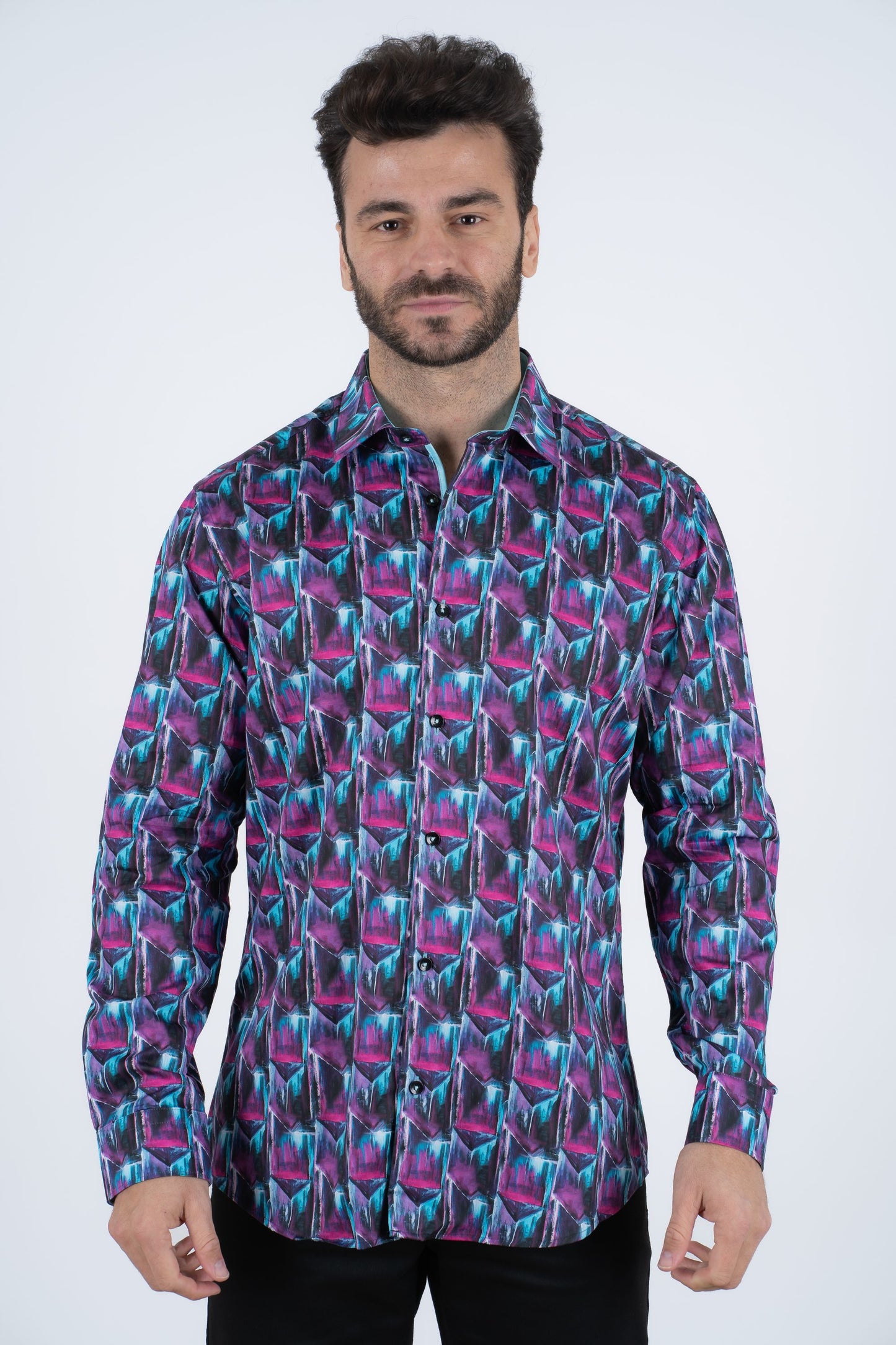 Purple Rings Print Satin Cotton/Spandex Long Sleeve Shirt