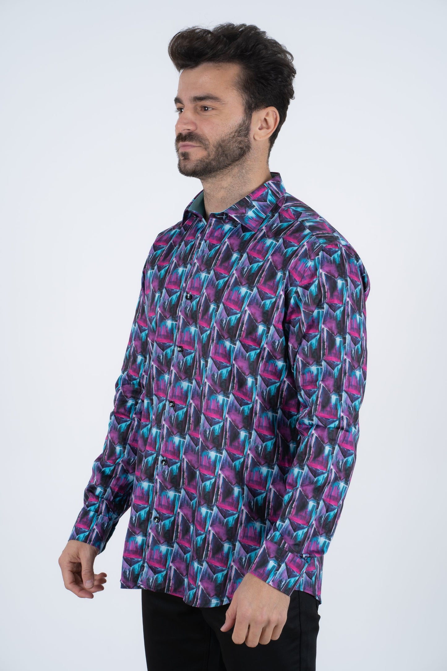 Purple Rings Print Satin Cotton/Spandex Long Sleeve Shirt