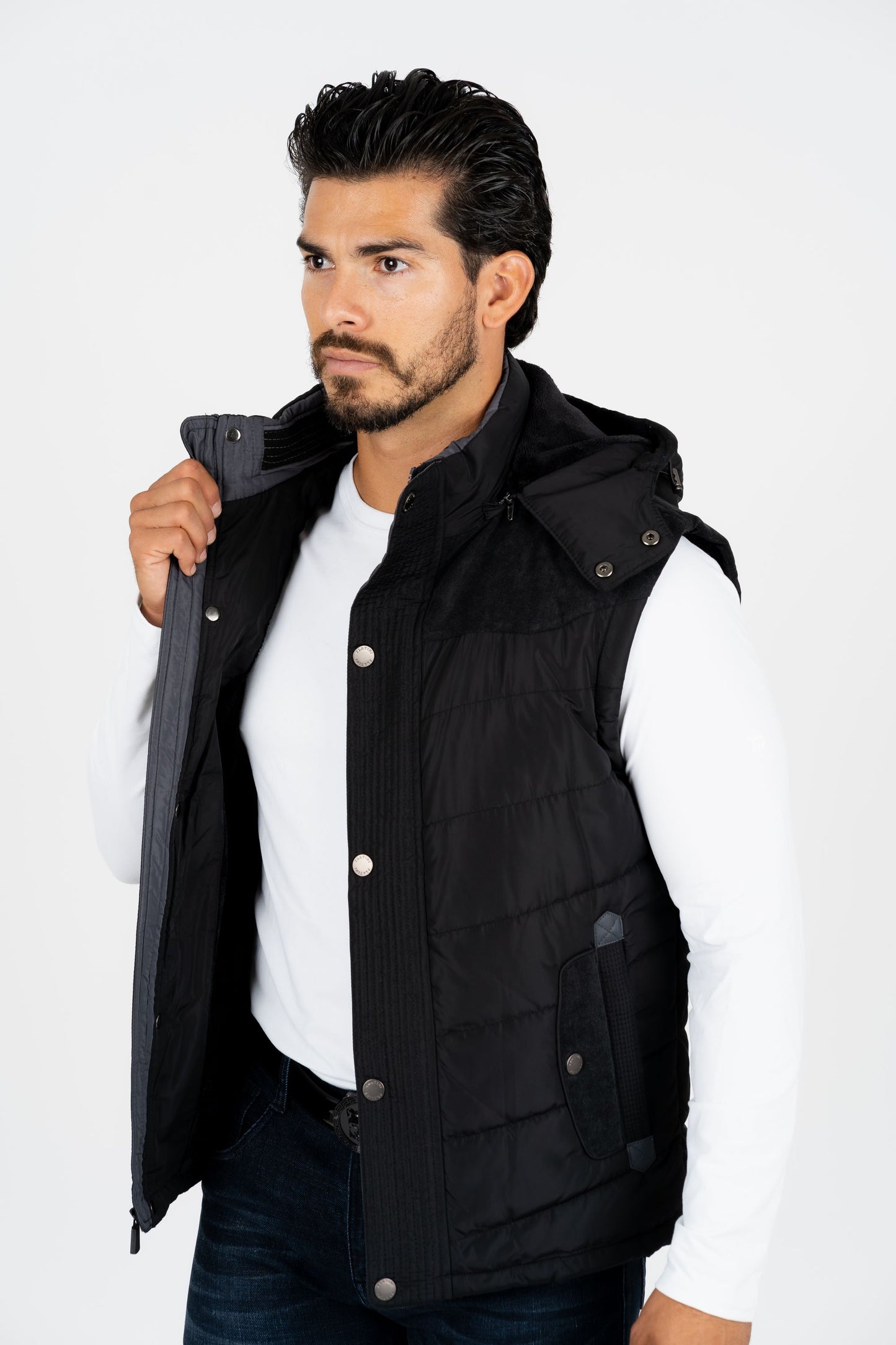 Men's Black Padded Hooded Vest w/ Faux Fur Lining