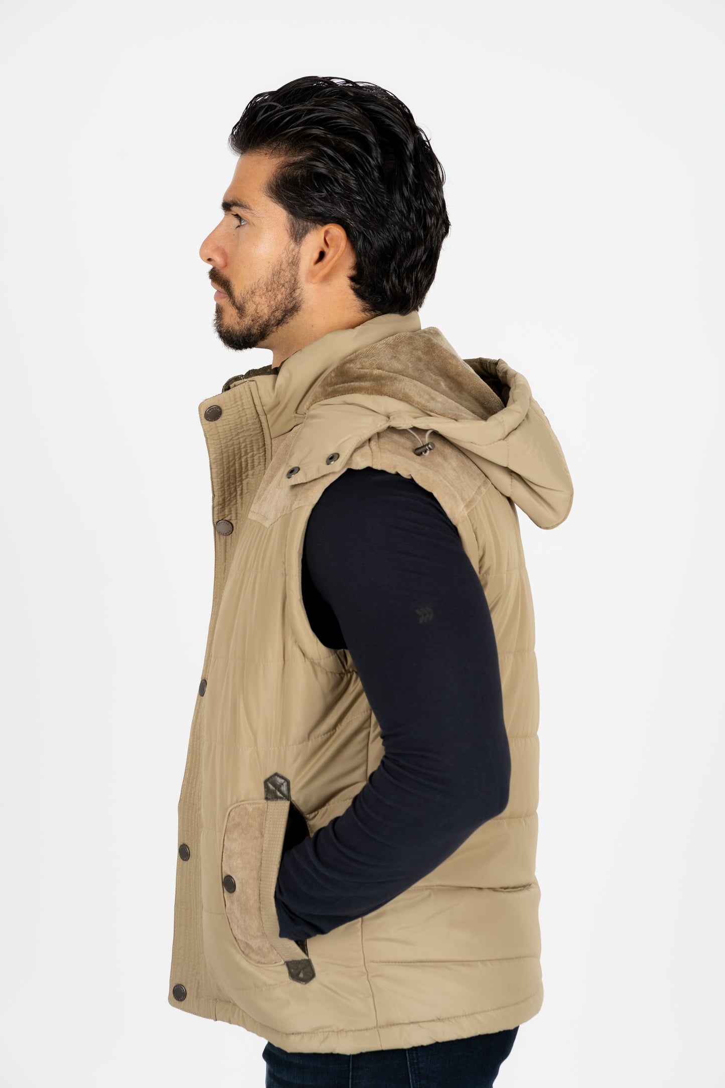 Men's Khaki Padded Hooded Vest w/ Faux Fur Lining