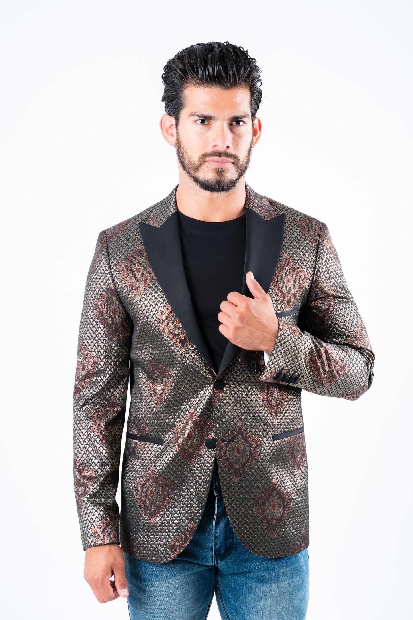 black woven print blazer men platini front